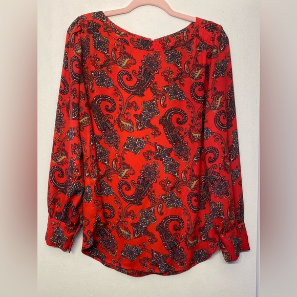 LOFT  Red Paisley Boatneck Long Sleeve Blouse Womens Medium - Picture 3 of 8
